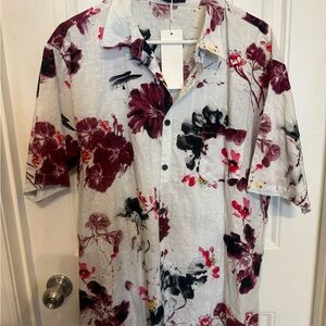 Men's Floral Casual Button Down Shirt - Burgundy and Black